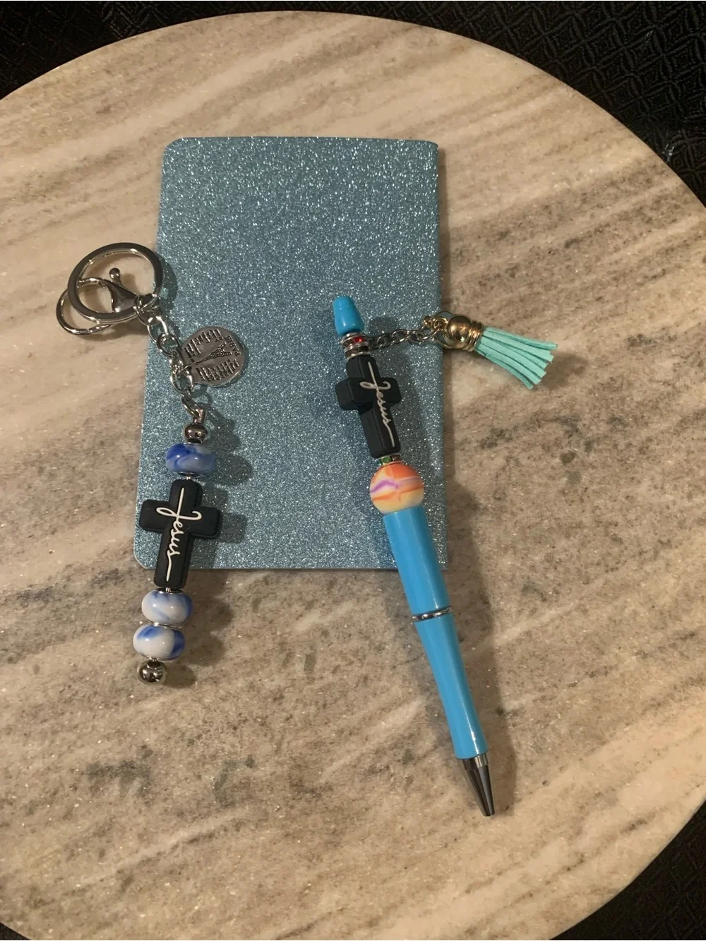 Pink Beaded Pen and Keychain Set with Cross Charm